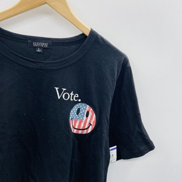 La La Land Creative Co Womens Large Vote Tshirt Crop Top Happy Face Black 2527 - Picture 4 of 8